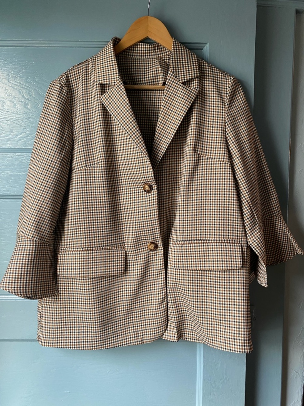 Checked Houndstooth Blazer Jacket in Brown and Cream